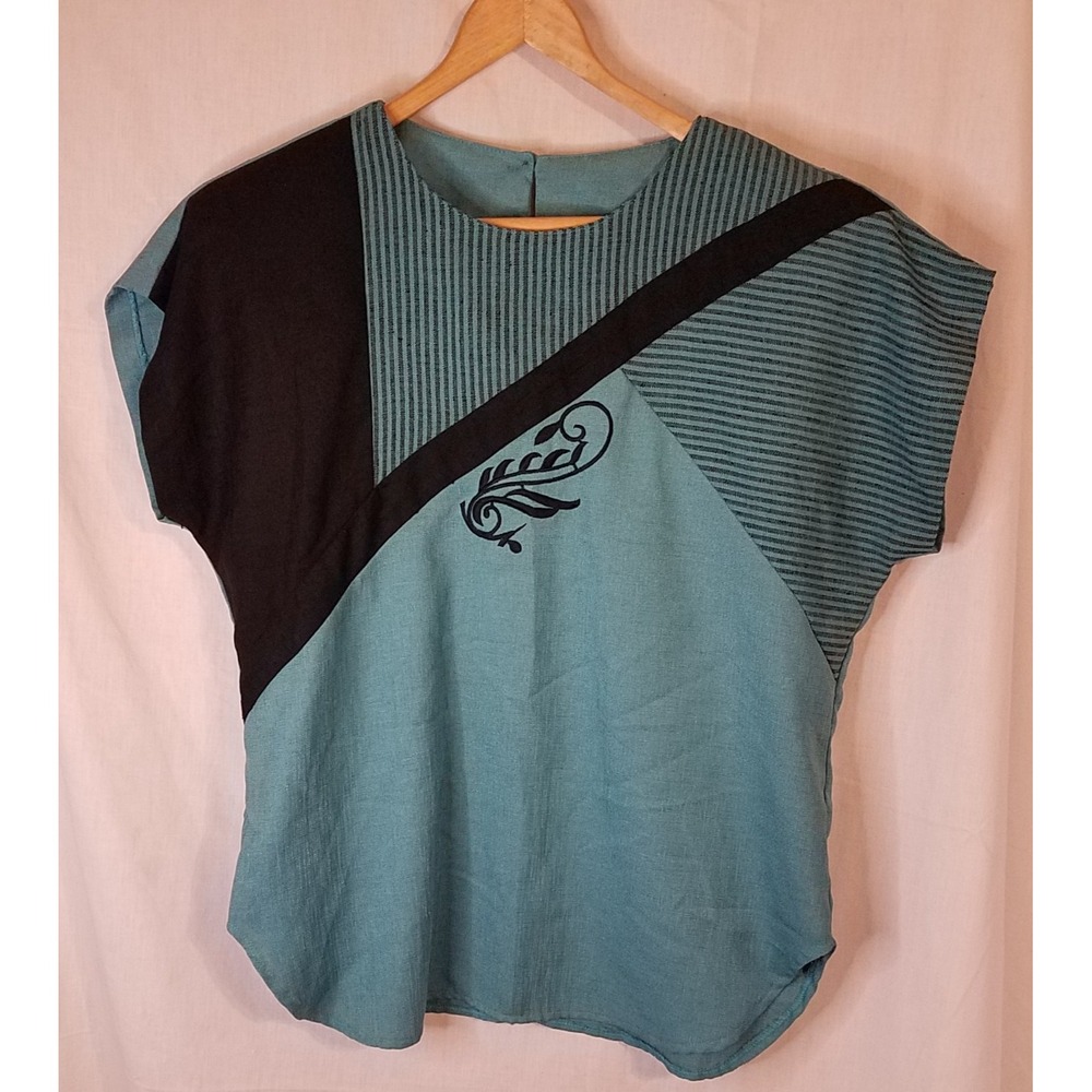 Vintage 90's‎ Turquoise Black City Girl Blouse Top Sz 16 USA Boxy Shoulder Pads